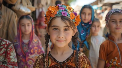 Children of Uzbekistan.  Young girl with floral headpiece smiling in a traditional market setting. 