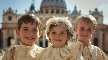 children of vatican city, Three smiling children dressed in ceremonial attire pose in front of St. Peter's Basilica under a clear sky.  - obrazy, fototapety, plakaty