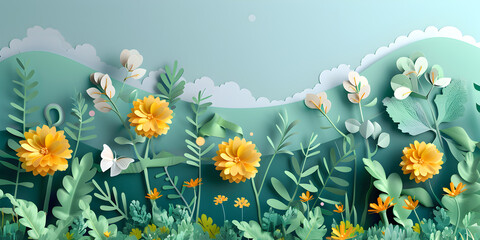 Fototapeta na wymiar An illustration of flowers and grass on a blue background, Tiny summer yellow flowers in paper cut .