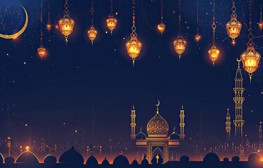 Ramadan Kareem. Eid Al-Fitr. Glowing lanterns on a blue background. Luxurious gold moon with Islamic ornaments.
