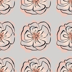 Seamless abstract botanical pattern. Black, orange peonies on grey background. Digital brush strokes. Design for textile fabrics, wrapping paper, background, wallpaper, cover.