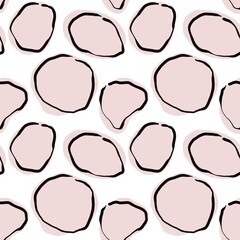 Seamless abstract textured pattern. Simple background black, pink, white. Circles, dots, lines. Digital brush strokes. Design for textile fabrics, wrapping paper, background, wallpaper, cover.