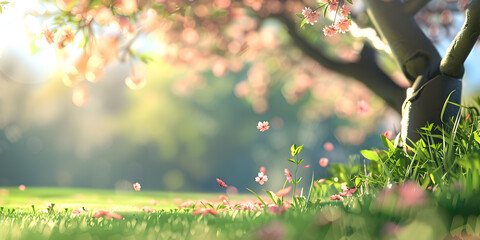 Green spring meadow on colorful background, Spring is in the air delicate beauty of cherry blossoms .