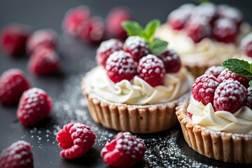Delicious raspberry mini tarts (tartlets) with whipped cream on dark background - obrazy, fototapety, plakaty