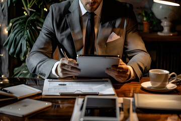 Businessman reviewing financial reports on a tablet - obrazy, fototapety, plakaty