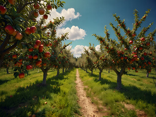 Fototapeta na wymiar An apple orchard, trees with ripe apples on them.