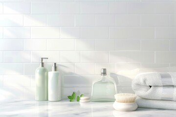 Fototapeta na wymiar Towels and ceramics shampoo or soap on top marble table in bathroom background.