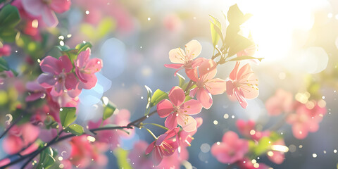 Spring background soft dreamy lights, Panoramic spring background with beautiful pink blossoms.