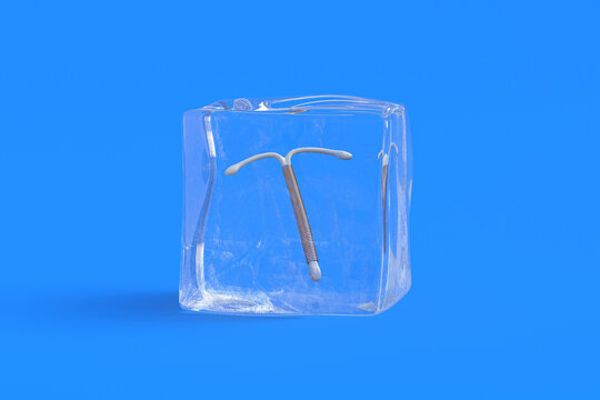 Female contraceptive in ice cube. 3d illustration