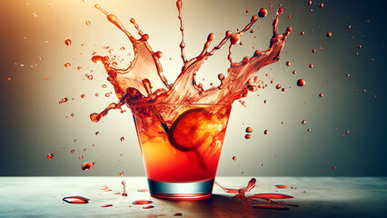 cocktail in a glass, mid-splash, against a neutral background.