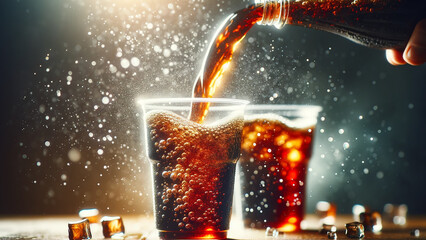 cola soft drink flowing from two cups into glasses, with the stream of liquid creating an arc