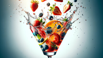 fresh fruits falling into a cocktail glass, causing a vibrant splash against on white background.