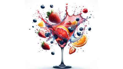 fresh fruits falling into a cocktail glass, causing a vibrant splash against on white background.