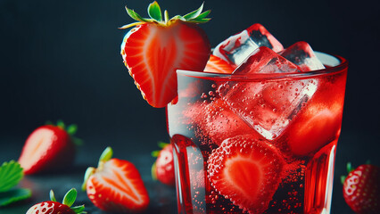 fresh strawberry cocktail, summer with ripe strawberries and ice cubes in a glass.