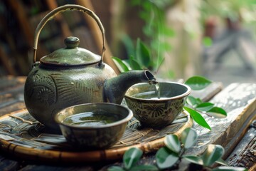 An artistic tea set with a pot and cups, surrounded by calming green foliage, evokes a serene ambiance. Traditional Asian Tea Set in Tranquil Setting