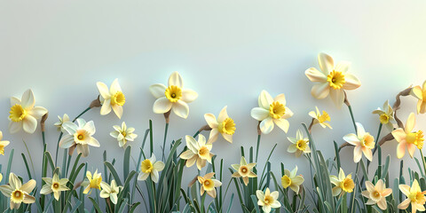 A soft light springtime nature background with narcissus flowers in the garden. - obrazy, fototapety, plakaty