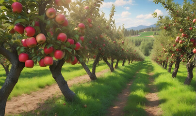 An apple orchard, trees with ripe apples on them. - obrazy, fototapety, plakaty