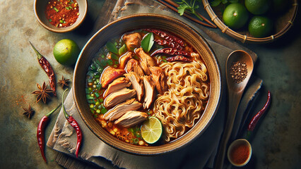 noodles with crispy pork and sliced fried pork, a classic Thai food dish.