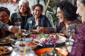 Diverse friends share laughter and stories over a colorful meal. - obrazy, fototapety, plakaty