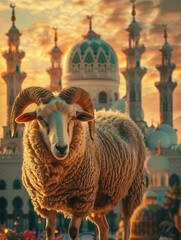 Obraz premium eid al adha, sheep and mosque background - generative ai