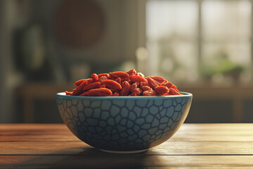 Dry goji berries in a bowl on a table