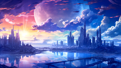 Science Fiction Sunrise Over a Futuristic City Reflection anime style illustration
