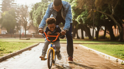 A father is guiding his young son as he learns to ride a bike for the first time. The father holds onto the bikes handlebars, assisting the boy in finding his balance