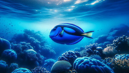 tropical blue tang fish gracefully swimming in crystal-clear blue water