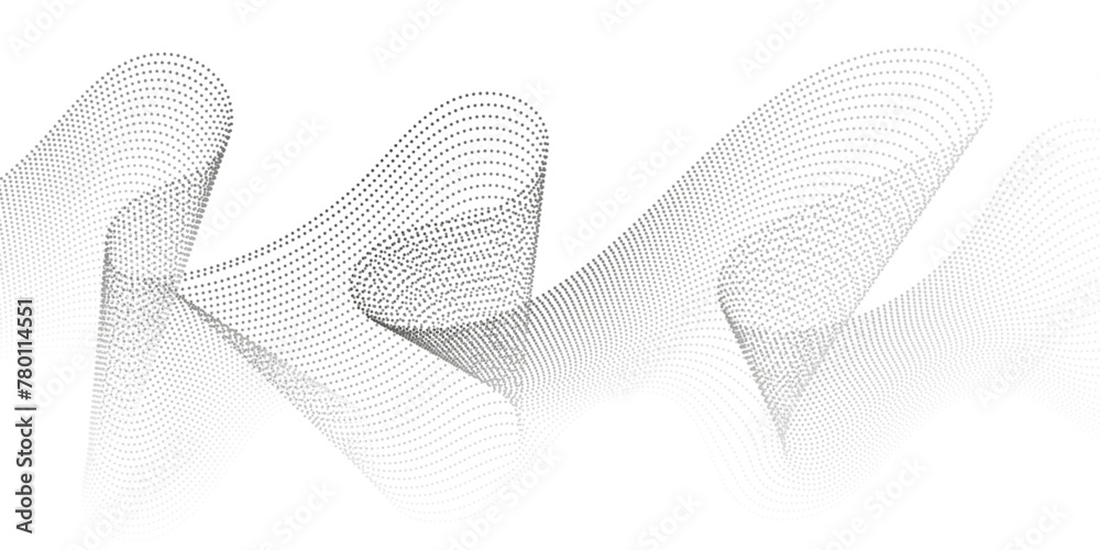 Fototapete Abstract flowing dots particles wave pattern. Halftone gradient curve shape isolated on white background. Modern vector banner in concept of AI, technology, science, music festival.