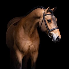Obraz premiumElegant horse portrait on black backround. horse head isolated on black. Portrait of stunning beautiful horse isolated on dark background. horse portrait close up on black background.studio shot .