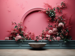 Fototapeta na wymiar Pink wall embellished with floral d?cor contrasts against a green wall