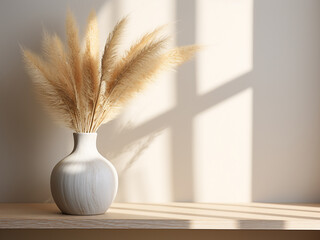 A vase on a shelf holds dry pampas grass in a rendered scene