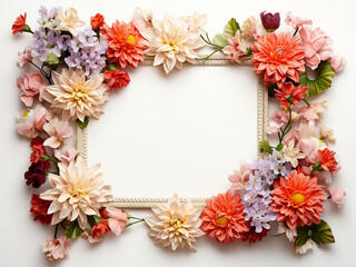 Fototapeta na wymiar White background features blank frame filled with flowers by AI