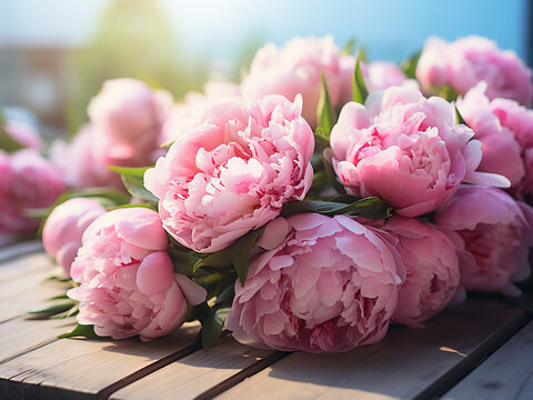 Pink peonies arranged on bluish wooden table in soft focus