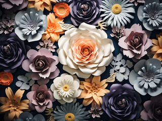 Artificial paper flowers adorn decorative background