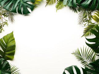 Fototapeta na wymiar Tropical leaves form a frame around white space