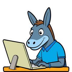a happy cute donkey use computer