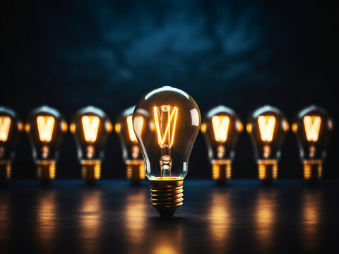 Dark background features glowing light bulbs