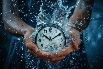 Washing hands of the past holding an alarm clock melting and dripping in the shape of water, time ebbing away.