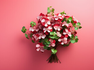 A bouquet of red clovers arranged vertically on a pink background, providing room for text - obrazy, fototapety, plakaty