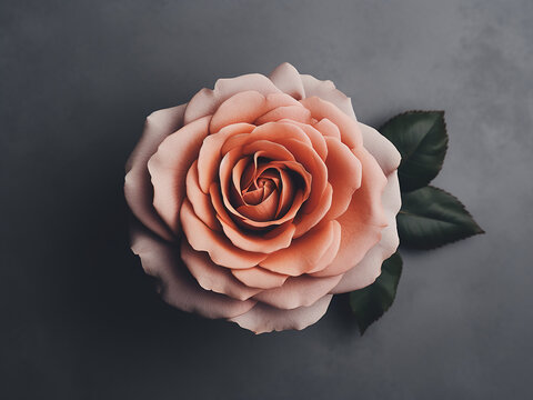 An overhead view of a garden rose placed on a gray backdrop, with space for text