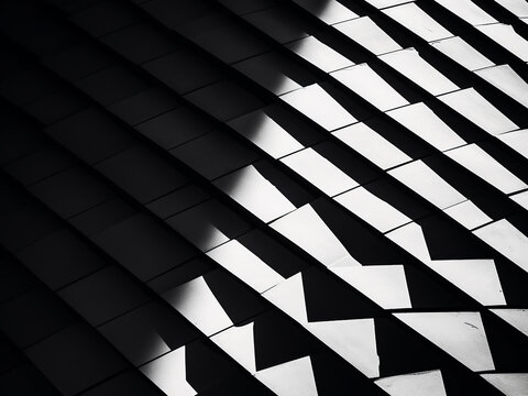 Geometric patterns in black and white fill the background in a 3D rendering