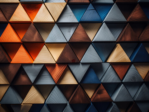 Colorful wooden triangles stack in an abstract block formation