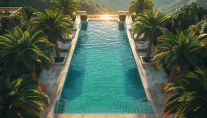 Elegant drone shot: Modern square pool, palm tree enclave, exuding 70s style allure.generative ai