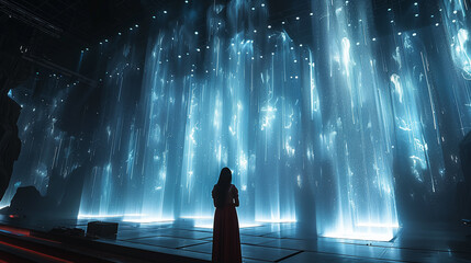 A central stage featuring holographic performances by virtual musicians, their melodies echoing...