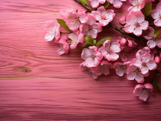 Naklejka na ściany i meble Apple flowers bloom against a soft pink wooden backdrop