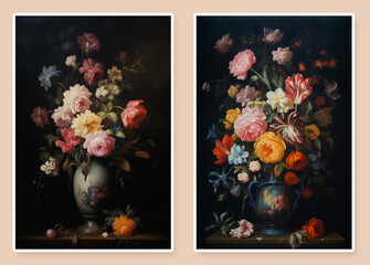 vintage flowers oil painting of moody flowers in a vase with a dark background for wall