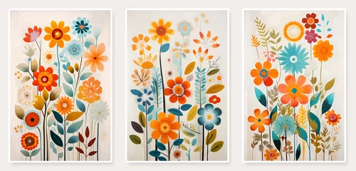 Tableaux ronds sur aluminium Papillons en grunge Children drawing of the pattern of wild flowers with their branches and graceful in bright colors for walls
