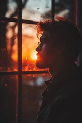 A man's silhouette is outlined by the warm glow of a sunset seen through a window, embodying a moment of introspection and the quiet end of a day.