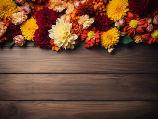 Wooden background adorned with autumnal yellow and red flowers